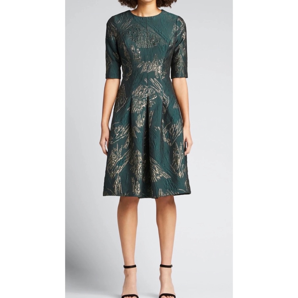 Textured Metallic Jacquard Elbow-Sleeve Dress